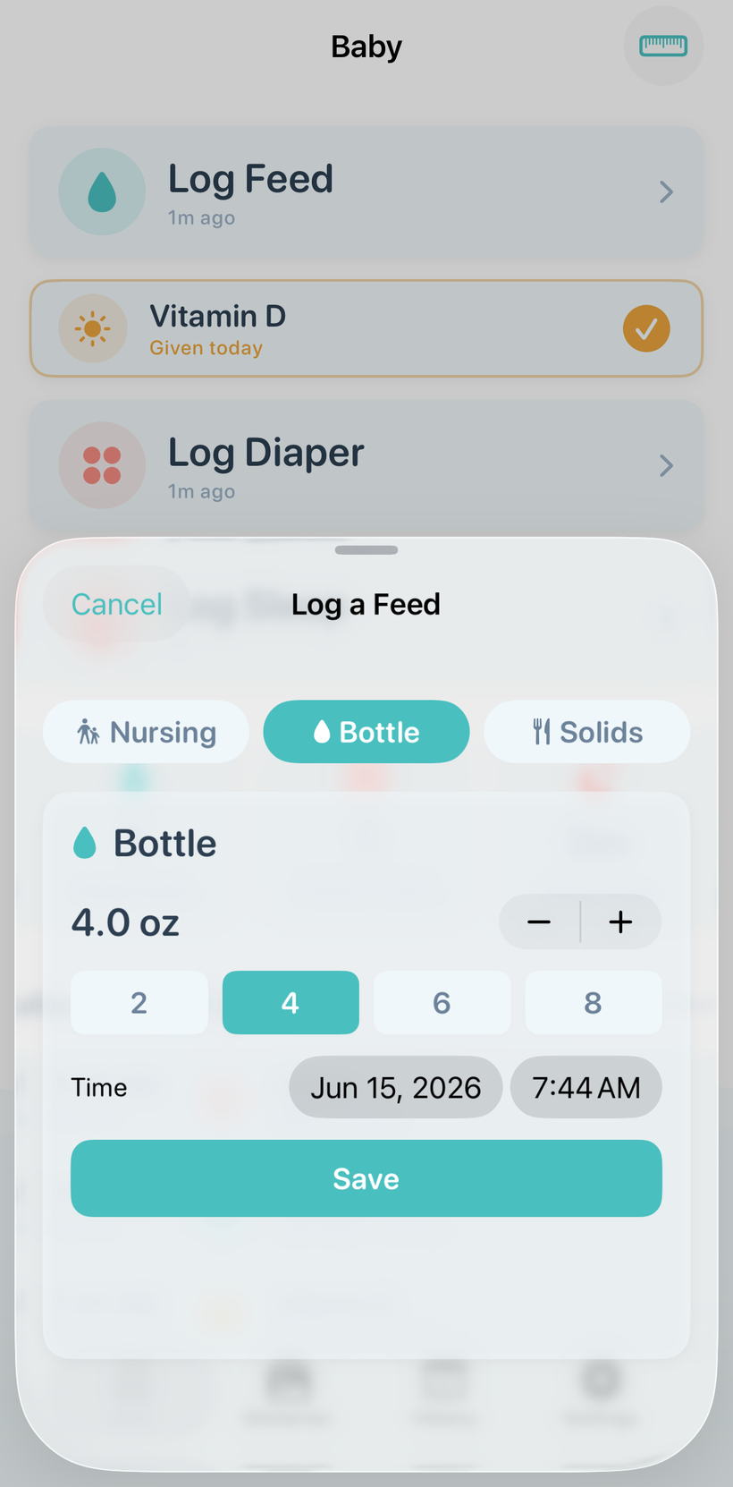 Log a bottle with quick ounce presets