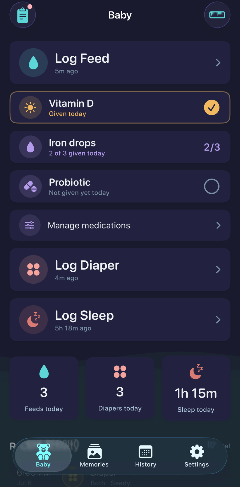 Guppy's Baby dashboard in dark mode