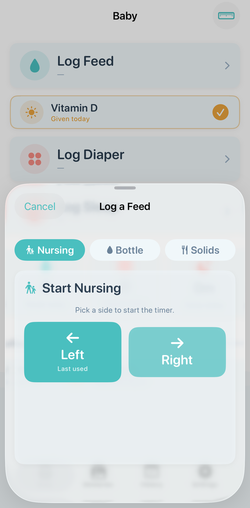 Log a feed — nursing, bottle or solids