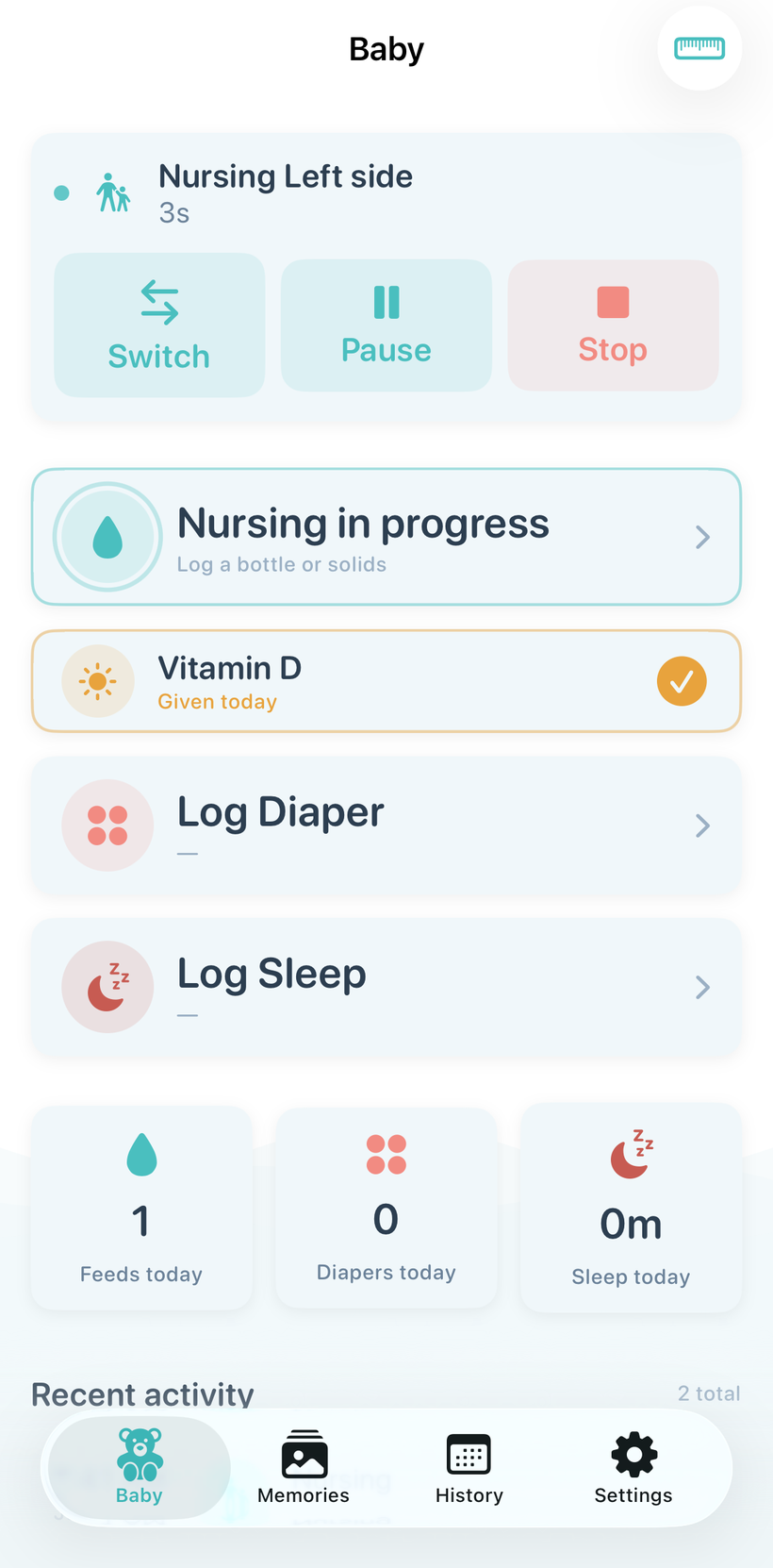 Guppy dashboard with an active nursing timer, Switch, Pause and Stop controls